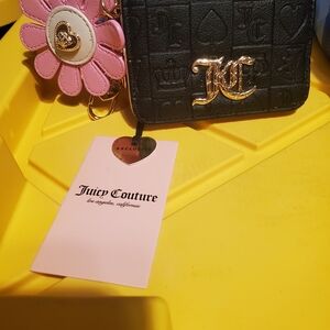 Juicy Couture Black Quilted Mini Wallet with Pink Floral Charm and Gold Logo